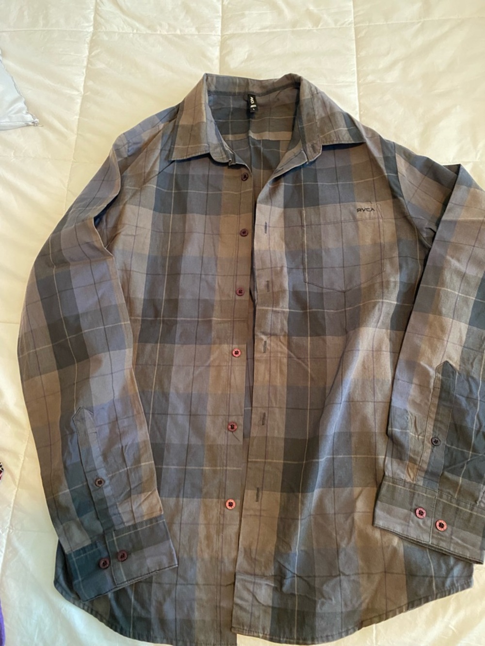 RVCA Gray and Brown Plaid Casual Button-Down Shirt